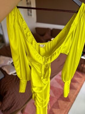 For Love & Lemons Neon Chartreuse Long Sleeve Slip Dress